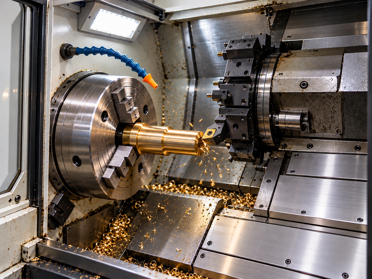 CNC lathe turning a brass component